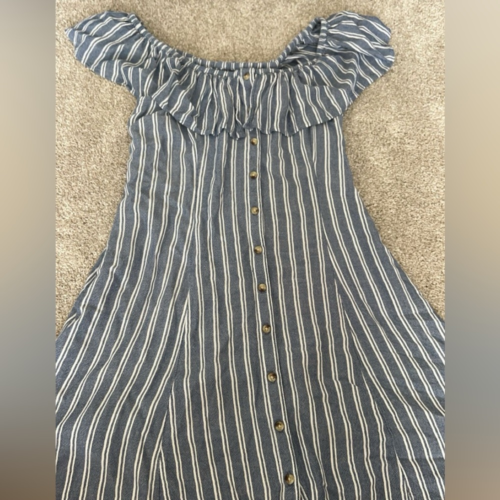 Off the shoulder blue striped sundress
